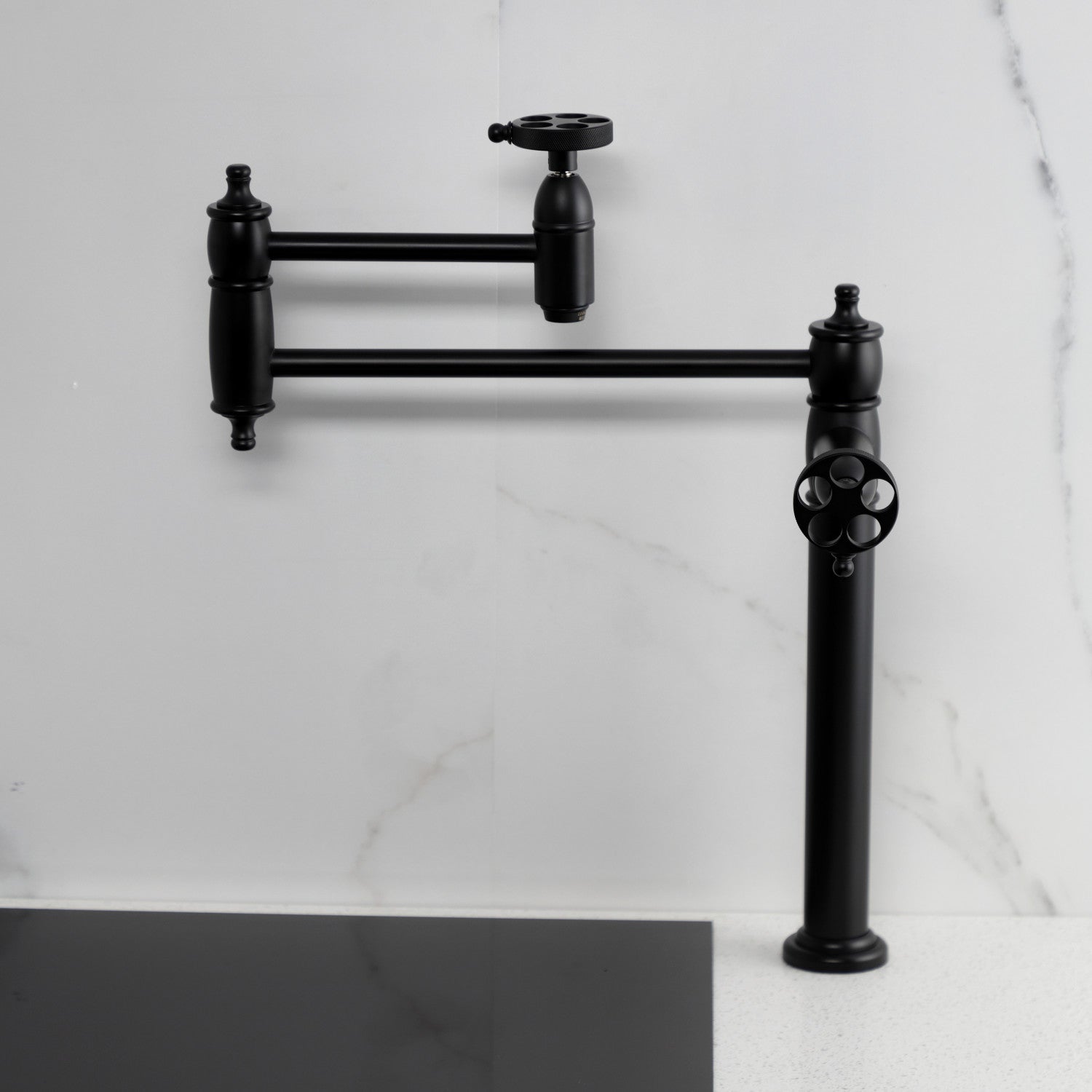 Kingston Tulare KS3700RKZ - Wendell Two-Handle 1-Hole Deck Mount Pot Filler Faucet with Knurled Handle, Matte Black — thumbnail 3